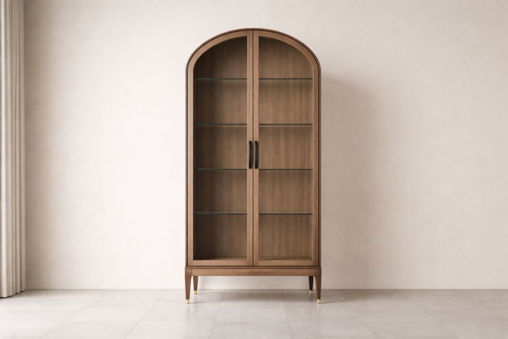 Wooden Arched Glass Cabinet with Brown Doors