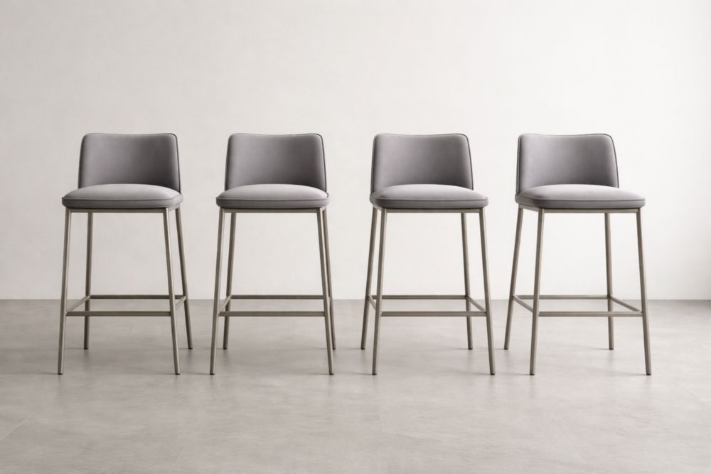 Set of 4 Grey Velvet Bar Stools with Metal Legs