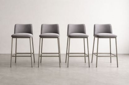 Set of 4 Grey Velvet Bar Stools with Metal Legs