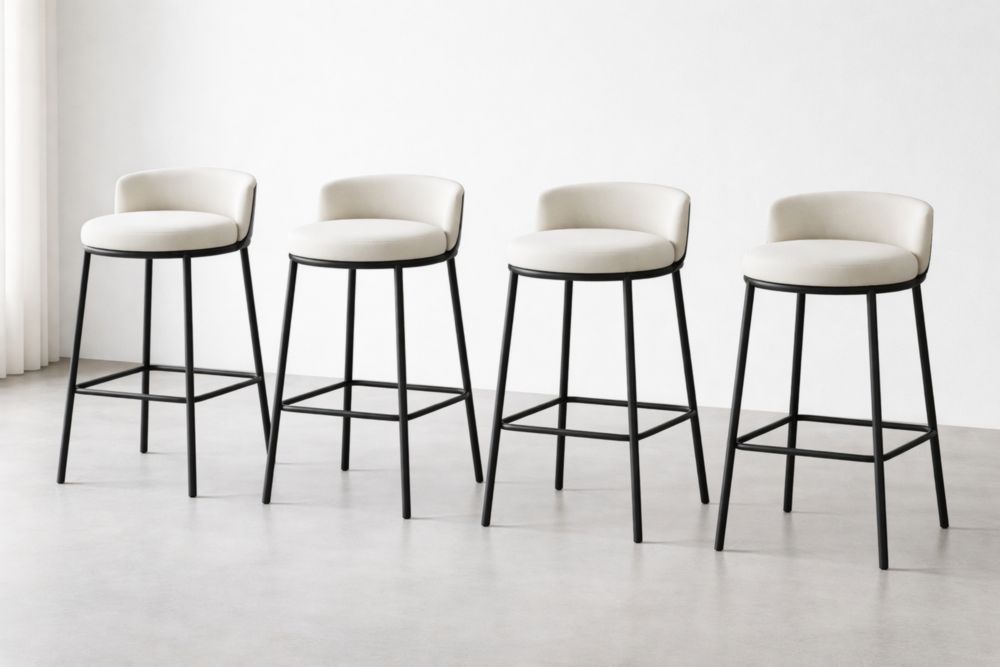 Set of 4 Beige Upholstered Bar Stools with Backrest and Black Metal Frame