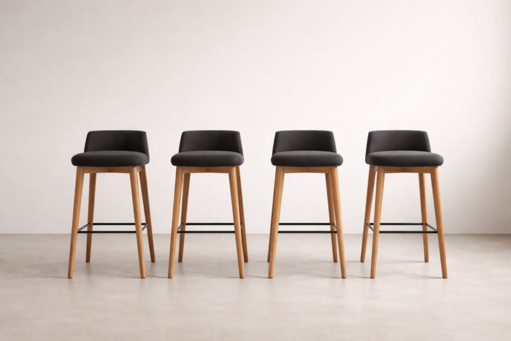 Set of 4 Black Upholstered Bar Stools with Wooden Legs