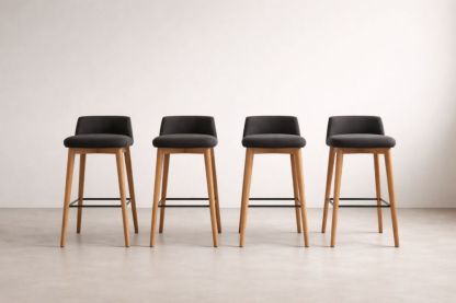 Set of 4 Black Upholstered Bar Stools with Wooden Legs