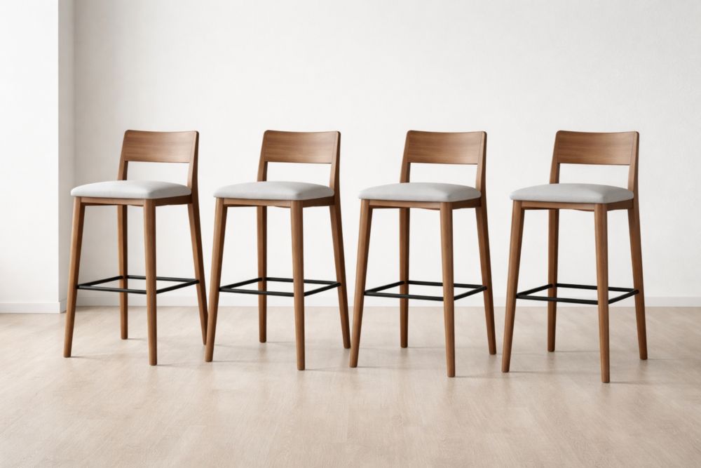 Set of 4 Wooden Bar Stools with Upholstered Seats and Metal Footrests
