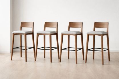 Set of 4 Wooden Bar Stools with Upholstered Seats and Metal Footrests