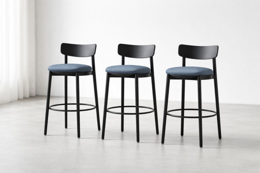 Set of 3 Black Metal Bar Stools with Blue Fabric Seats
