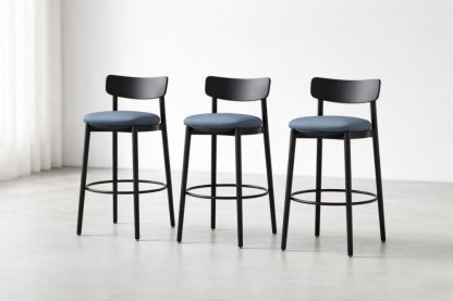 Set of 3 Black Metal Bar Stools with Blue Fabric Seats