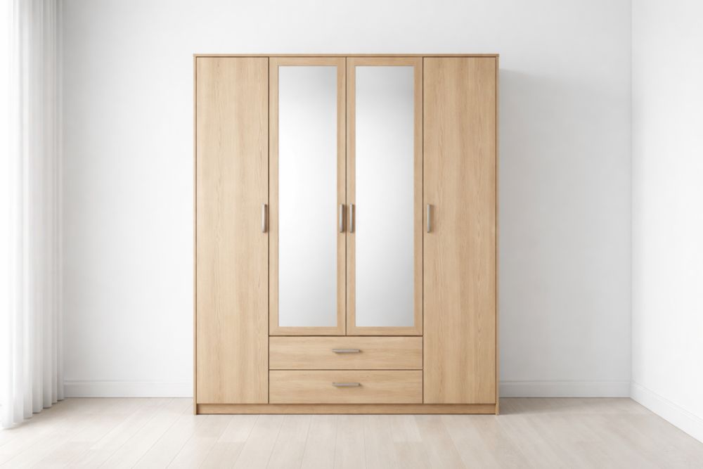 Three-Door Wardrobe with Mirror Panels in Oak Finish