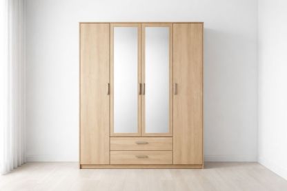 Three-Door Wardrobe with Mirror Panels in Oak Finish