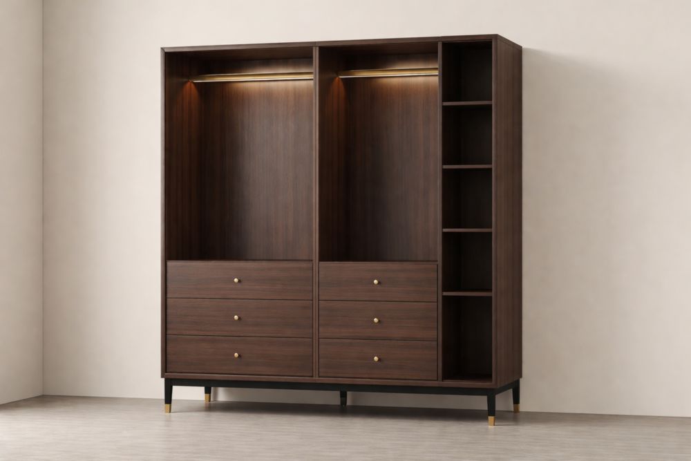 Wooden Wardrobe with Shelves and Drawers in Dark Brown