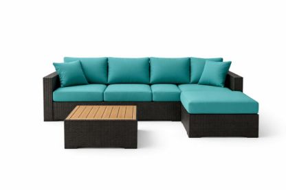 Wicker Sectional Sofa Set with Teak Table and Turquoise Cushions