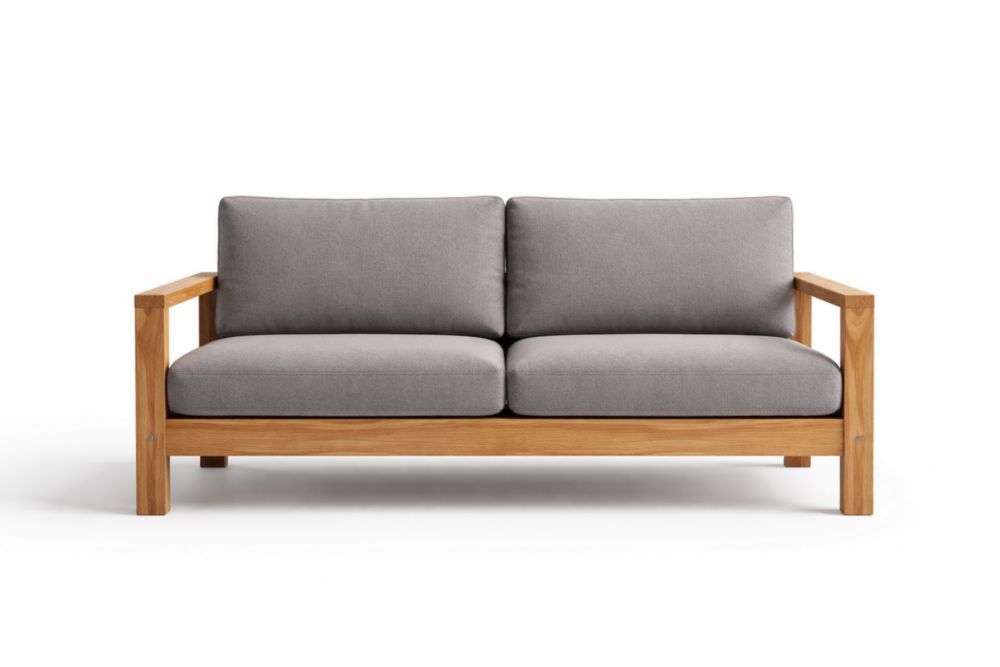 Teak Wood Frame Loveseat with Gray Cushions