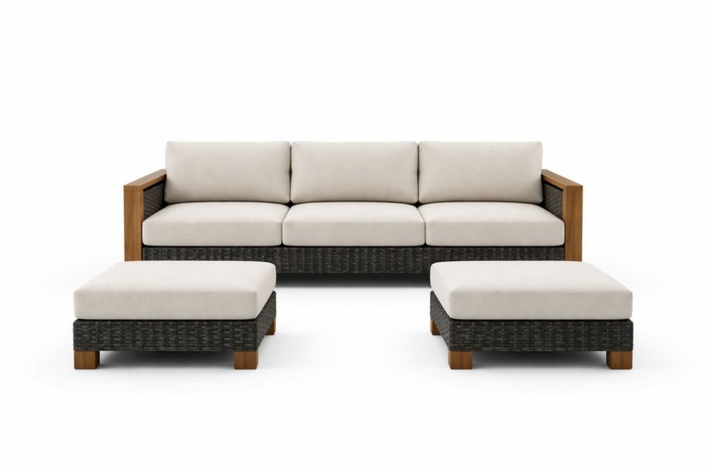 Wood and Wicker Outdoor Sectional Sofa Set with Ottoman Cream Cushions