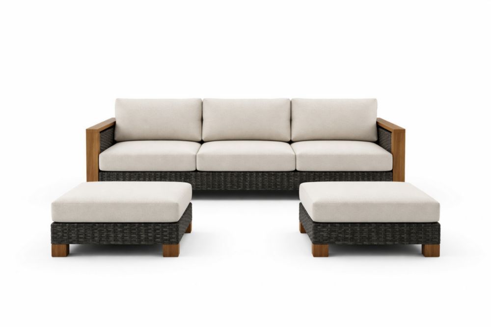 Wood and Wicker Outdoor Sectional Sofa Set with Ottoman Cream Cushions