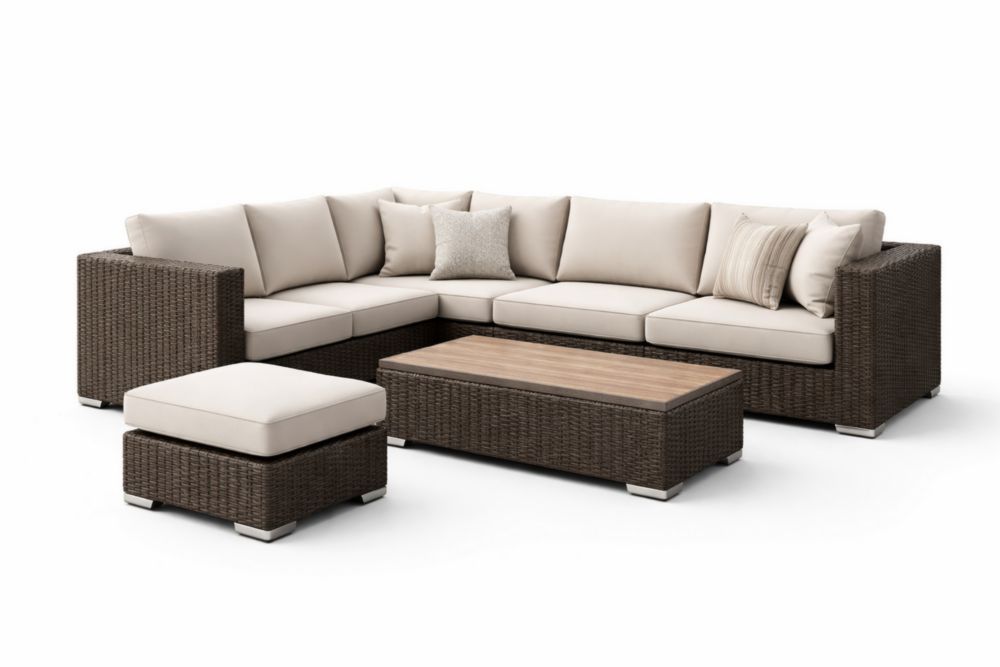 Outdoor Wicker Sectional Sofa Set with Beige Cushions and Coffee Table