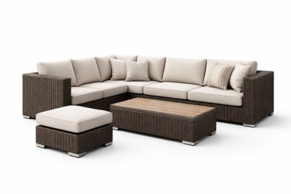 Outdoor Wicker Sectional Sofa Set with Beige Cushions and Coffee Table