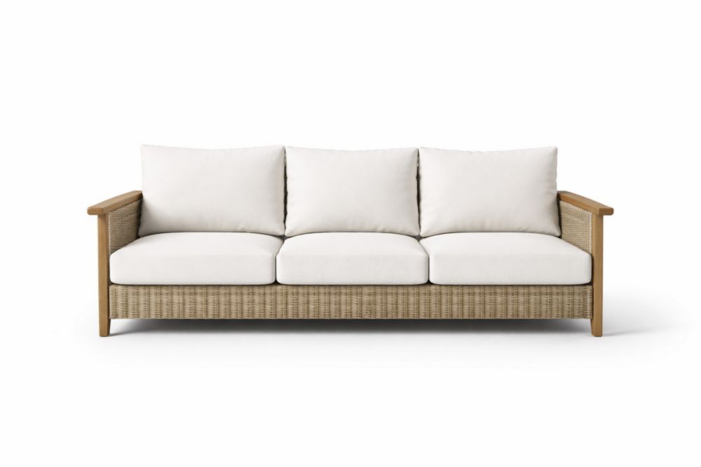 Three-Seater Outdoor Sofa with Rattan and Wooden Frame, Beige Cushions