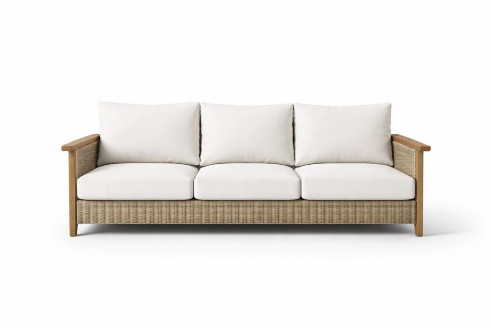 Three-Seater Outdoor Sofa with Rattan and Wooden Frame, Beige Cushions