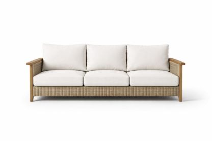 Three-Seater Outdoor Sofa with Rattan and Wooden Frame, Beige Cushions