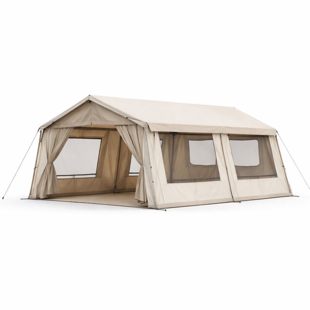 Large Polyester Canvas Camping Tent with Windows and Doors Beige 500 cm x 300 cm