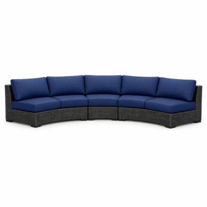 Outdoor Patio Sectional Sofa Set 5-Piece PE Rattan Wicker Navy Blue Cushions