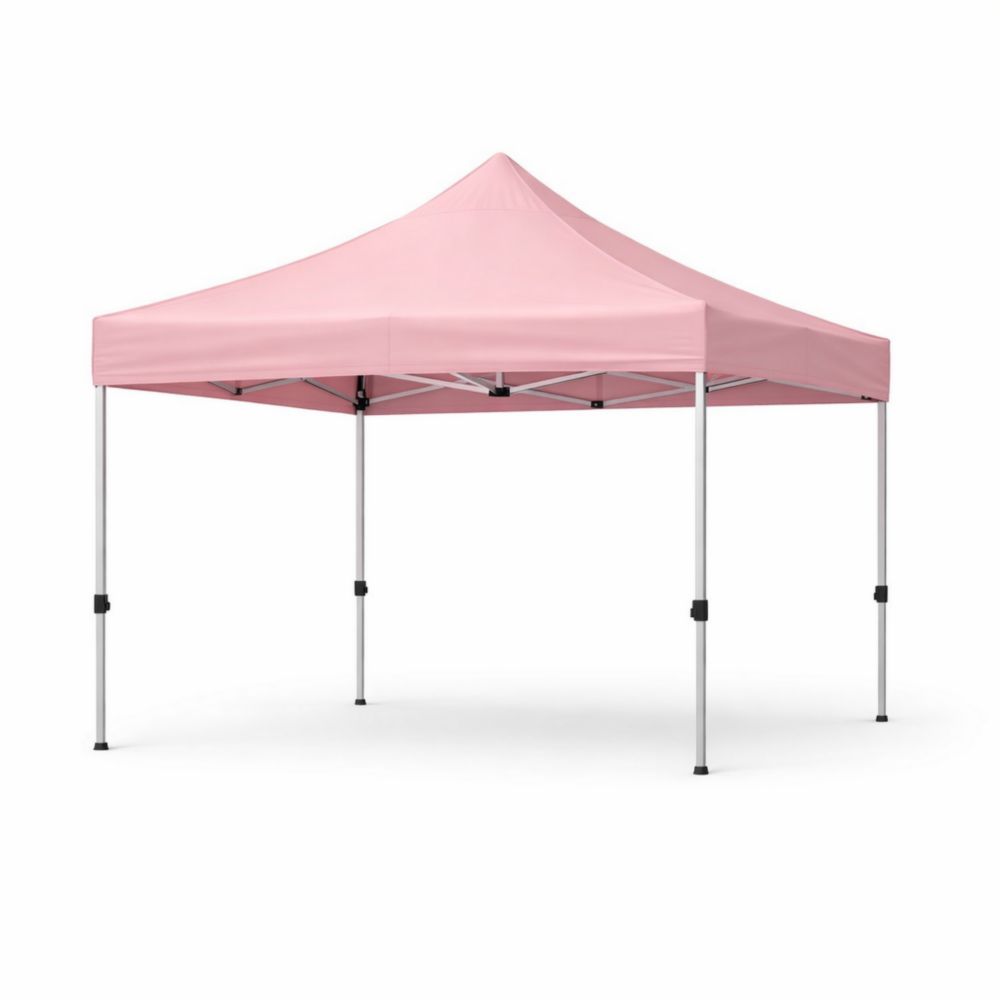 A pink polyester pop-up tent with a steel frame, measuring 300 cm × 300 cm