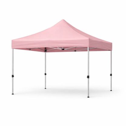 A pink polyester pop-up tent with a steel frame, measuring 300 cm × 300 cm