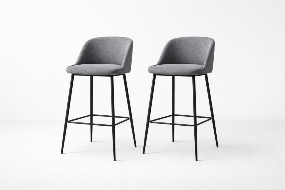 Set of 2 Grey Fabric Bar Stools with Black Metal Legs-Domuliva