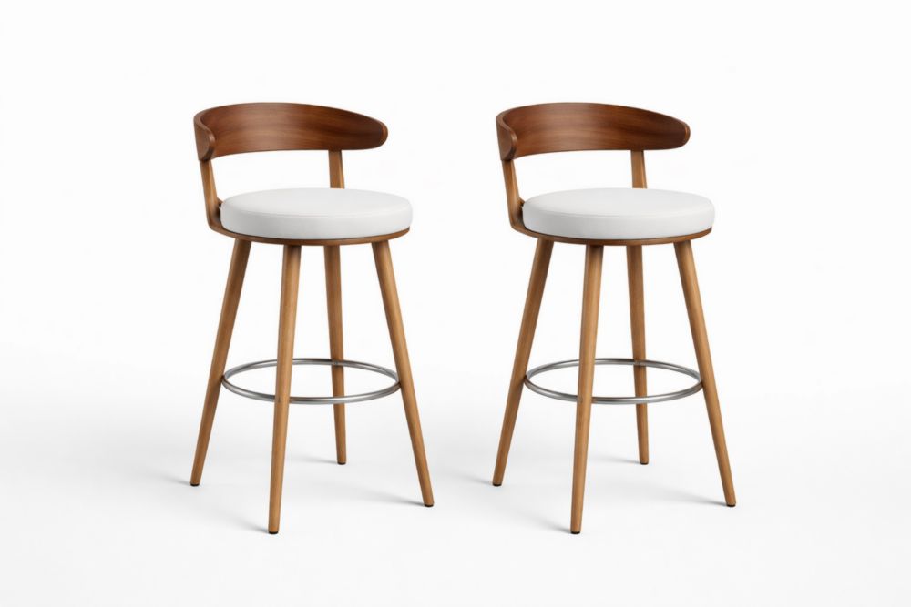Set of 2 Swivel Bar Stools with White PU Leather Seat and Wooden Frame-Domuliva