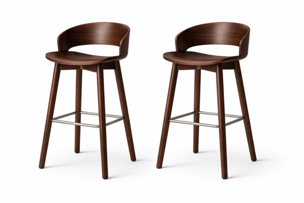 Set of 2 Walnut Finish Wood Bar Stools with Curved Backrest and Steel Footrest-Domuliva