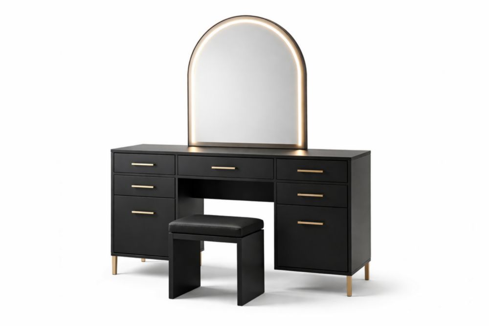 Black Vanity Table Set with LED Arched Mirror and Stool-Domuliva
