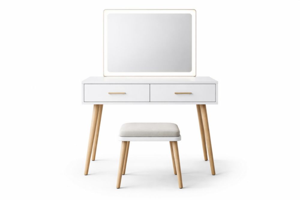 White Wooden Vanity Set with LED Mirror and Upholstered Stool-Domuliva