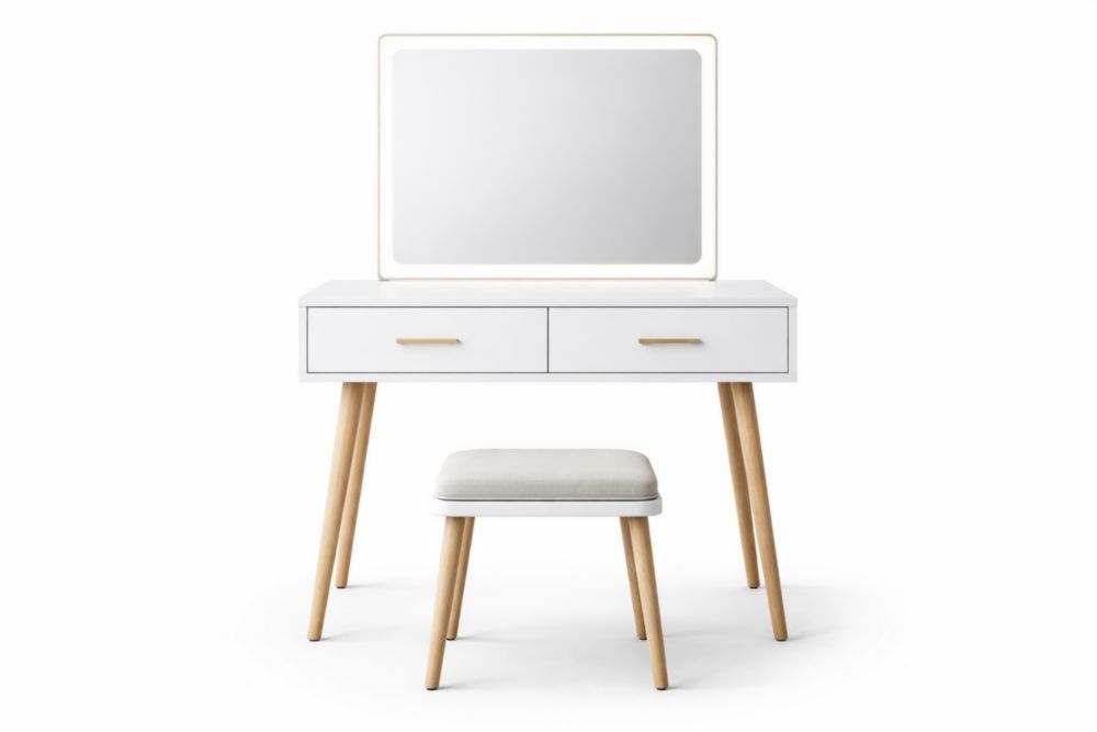 White Wooden Vanity Set with LED Mirror and Upholstered Stool-Domuliva