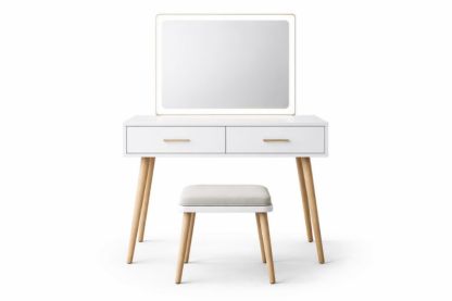 White Wooden Vanity Set with LED Mirror and Upholstered Stool-Domuliva