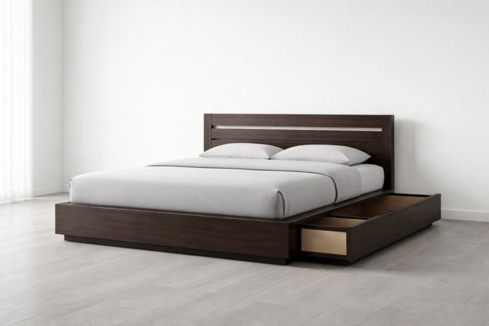 Dark Wood Queen Platform Bed with Storage Drawers and Slatted Headboard 203cm x 153cm x 110cm-Domuliva