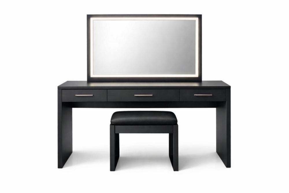 Black Wood Dressing Table Set with LED Mirror and Padded Stool-Domuliva