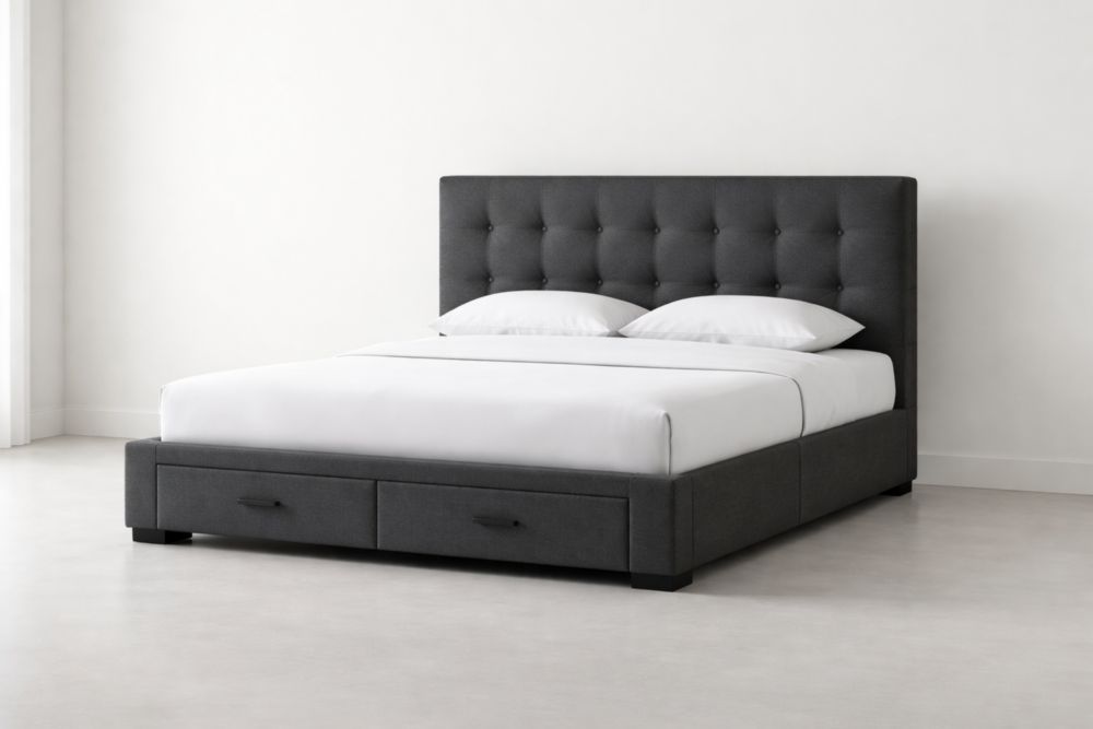 Upholstered Bed Frame with Storage Drawers Dark Gray-Domuliva
