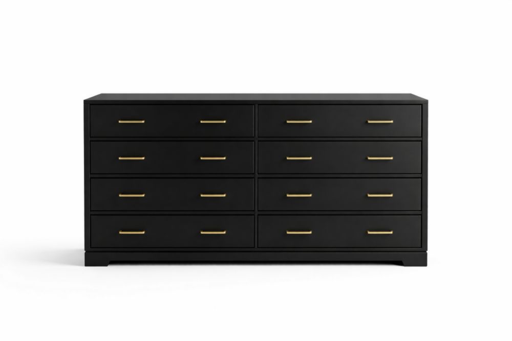 Black Wood Double 8-Drawer Dresser with Gold Handles-Domuliva