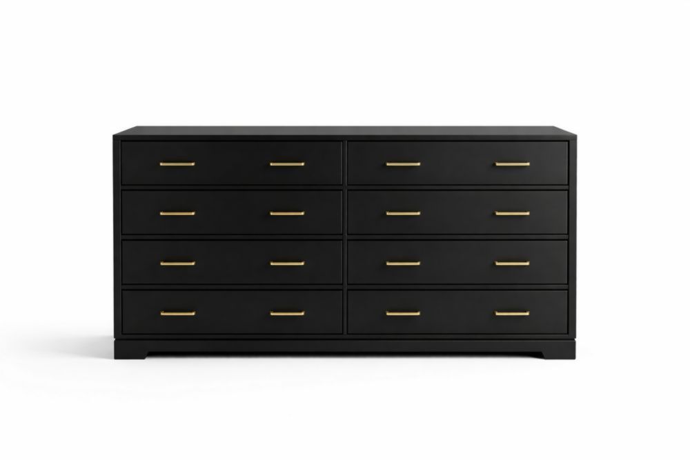 Black Wood Double 8-Drawer Dresser with Gold Handles-Domuliva