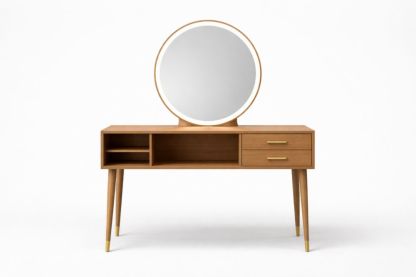 Wood Vanity Table with Round Mirror and Storage Drawers-Domuliva