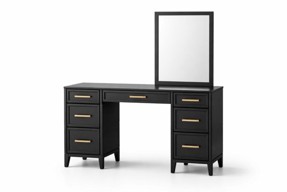 Black Wooden Vanity Desk with Mirror and Brass Handles-Domuliva