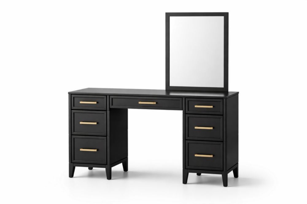Black Wooden Vanity Desk with Mirror and Brass Handles-Domuliva