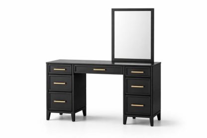 Black Wooden Vanity Desk with Mirror and Brass Handles-Domuliva