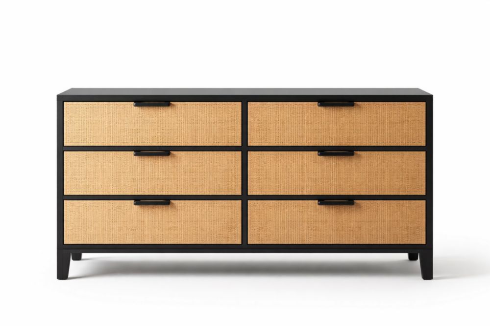 Six-Drawer Wooden with Black Frame and Woven Rattan Front-Domuliva