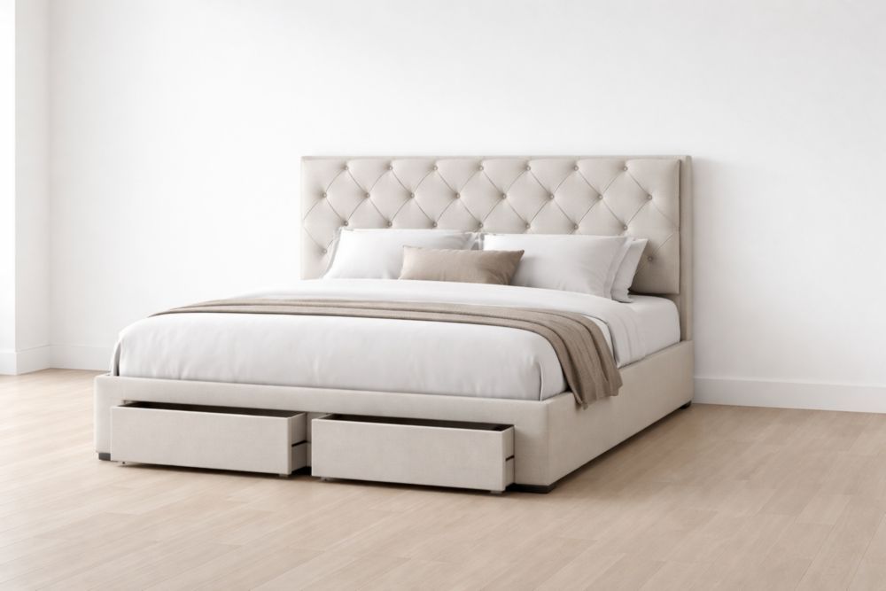 Upholstered Queen Size Bed with Storage and Tufted Headboard Beige-Domuliva