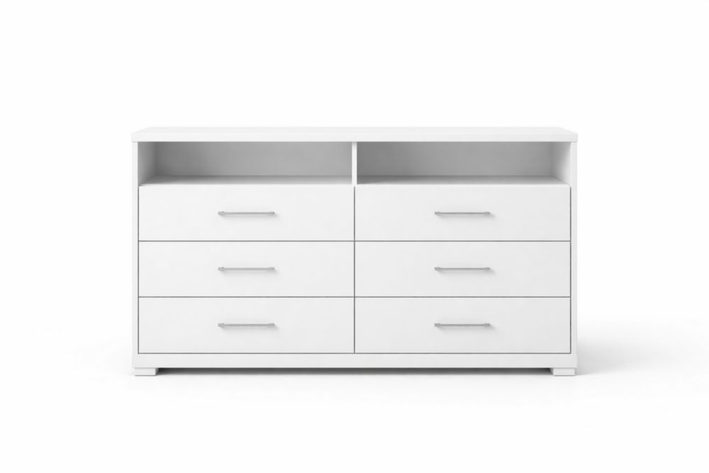 White MDF 6-Drawer Chest with Open Shelves-Domuliva