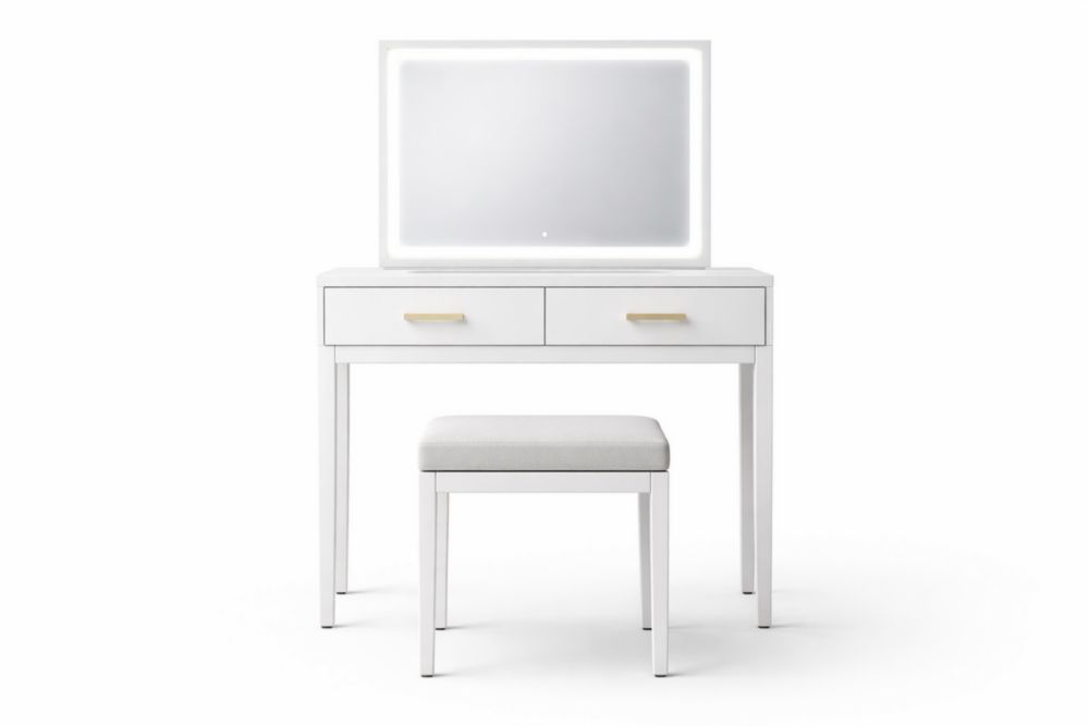 Wood Vanity Set with LED Mirror and Cushioned Stool-Domuliva