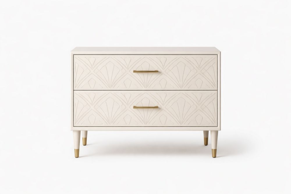 Two-Drawer White Wood Drawer with Gold Accents-Domuliva
