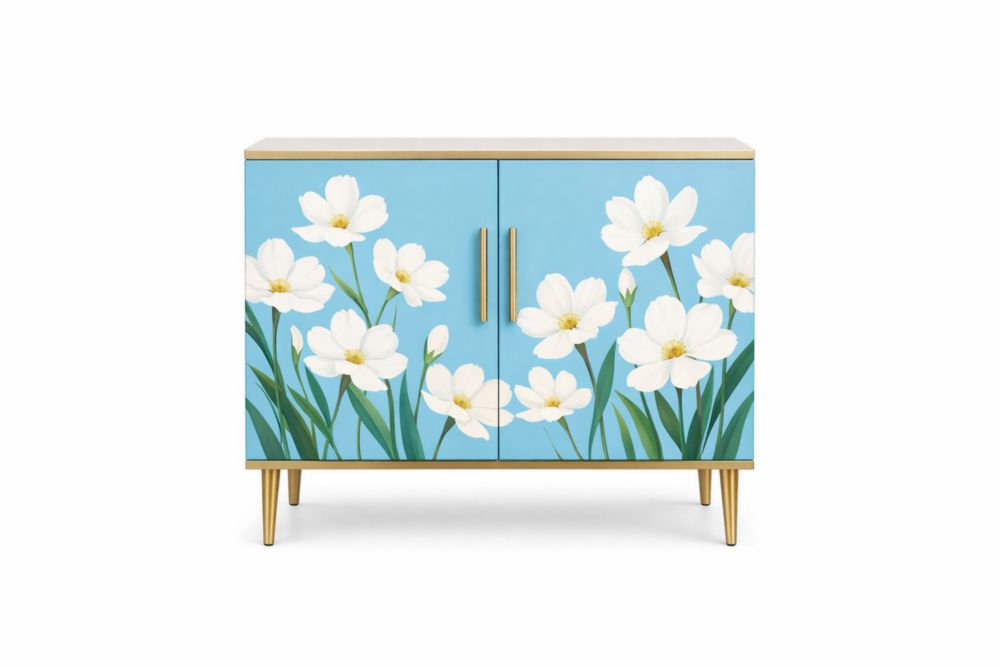 Floral Pattern Two-Door Cabinet MDF Wood Blue 80cm x 75cm x 40cm-Verdinella