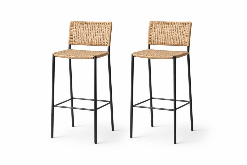 Set of 2 Wicker Bar Stools with Black Metal Frame 75cm Height-Verdinella
