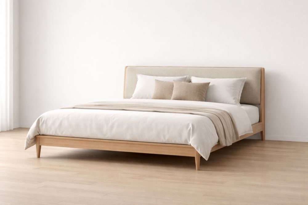 Upholstered Platform Bed with Solid Wood Frame, Beige-Verdinella